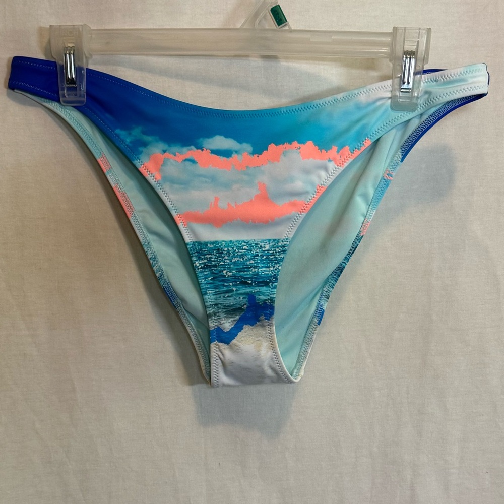 AA-191 Aerie Cheeky Blue & Orange Lined Summer Swim Bikini Bottoms Size L